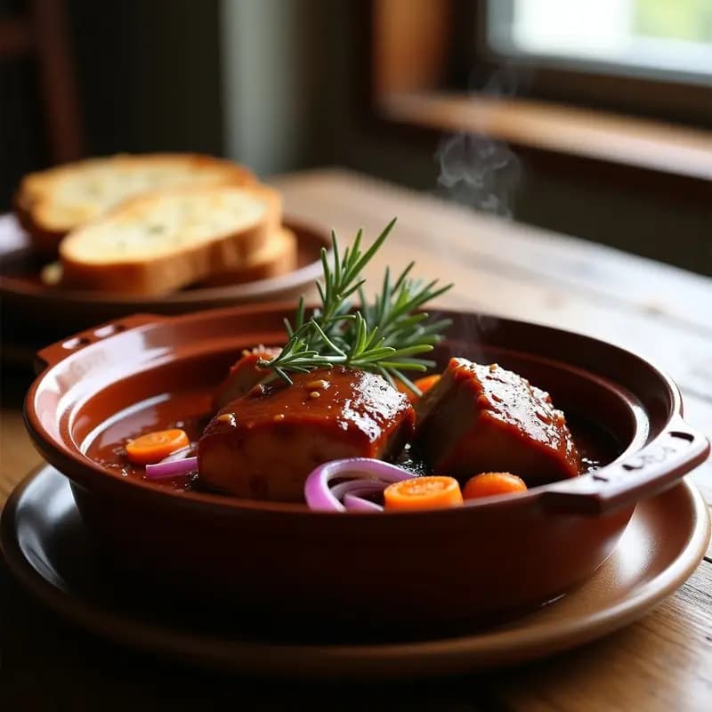 Plato de barro con trozos de lomo de cerdo estofado en salsa oscura de Oporto, acompañados de ciruelas pasas y hierbas frescas, servido con pan rústico al lado.