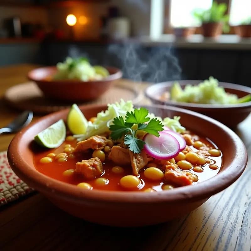 Olla de barro humeante con posole rojo de pollo y garnacha, caldo espeso de color rojo intenso, trozos de pollo desmenuzado, hominy blanco y decoración de lechuga, rábanos y limón en un plato rústico de cerámica.