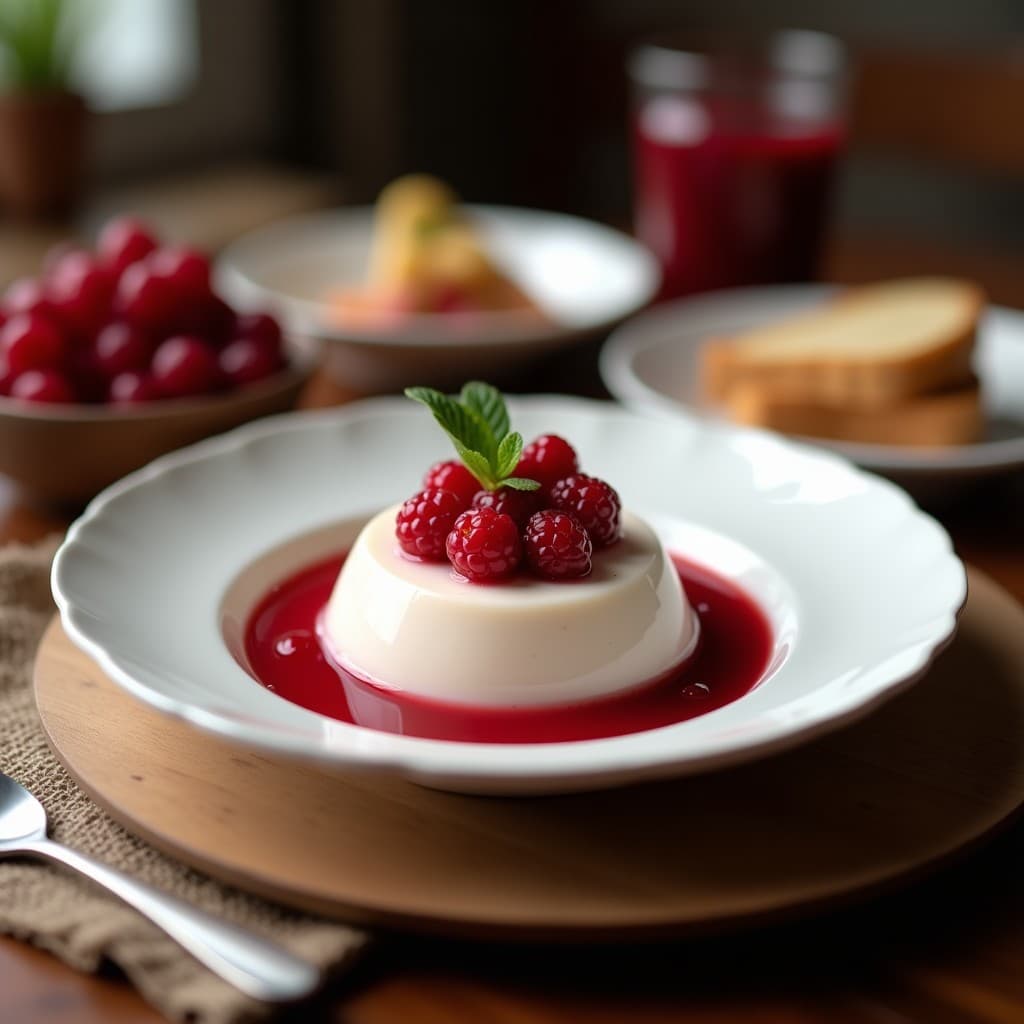 Copa de cristal transparente con postre de chía y leche de coco en capas, coronado con frutos rojos frescos (fresas, arándanos y frambuesas) y coco rallado. Textura cremosa y gelificada, fondo blanco con detalles rústicos.