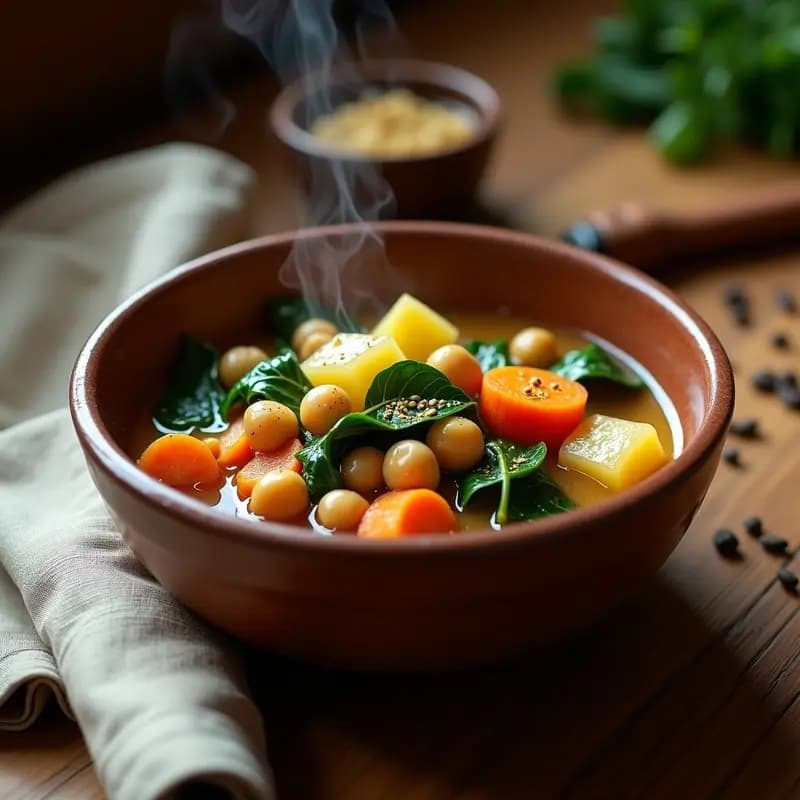 Plato hondo de barro con potaje de garbanzos con acelgas vegano, espeso y humeante, con garbanzos dorados, hojas de acelgas verdes brillantes y trozos de patata y zanahoria. Fondos de especias como comino y pimentón esparcidos. Iluminación cálida y rústica.
