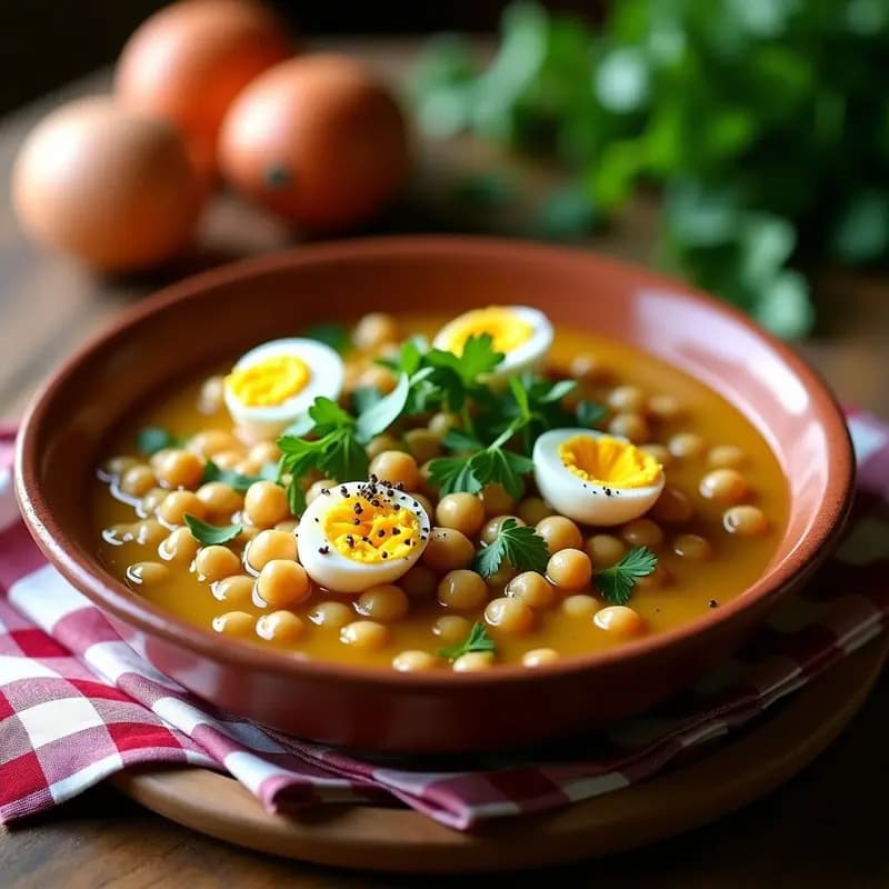 Plato hondo de barro con potaje de garbanzos cremosos y berros verdes frescos, decorado con huevo duro troceado y un hilo de aceite de oliva virgen extra, receta murciana tradicional rica en hierro.