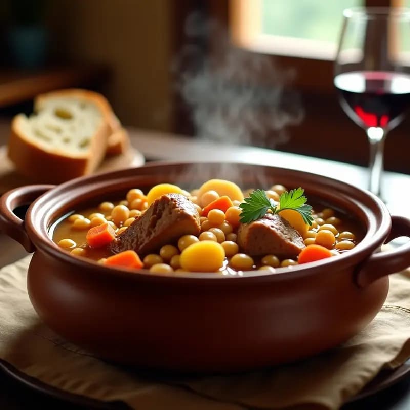 Olla de barro humeante con potaje de garbanzos y orejas de cerdo, trozos de patata y zanahoria, caldo espeso y dorado, servido en plato hondo rústico sobre mesa de madera.