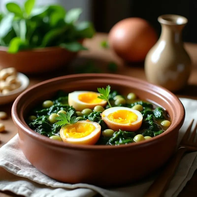 Plato hondo de barro con potaje andaluz de habas tiernas, espinacas verdes y huevos escabechados dorados, servido con un chorrito de aceite de oliva y perejil fresco.