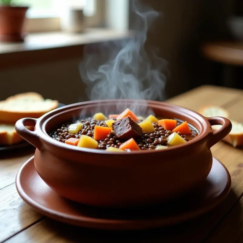 Olla de barro humeante con potaje de lentejas pardinas, trozos de costilla de cerdo, zanahoria, patata y pimiento verde. Plato tradicional español servido en cuenco rústico, ideal para comidas familiares.