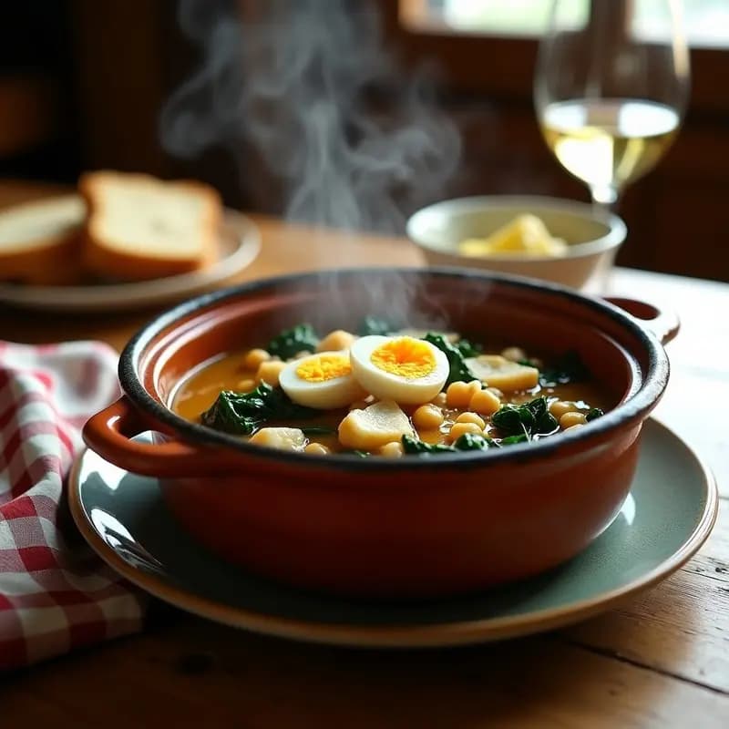 Olla de barro humeante con potaje de vigilia tradicional andaluz: trozos de bacalao desmenuzado, espinacas verdes, garbanzos y patatas en un caldo dorado. Acompañado de huevo duro partido por la mitad y un chorrito de aceite de oliva virgen extra.