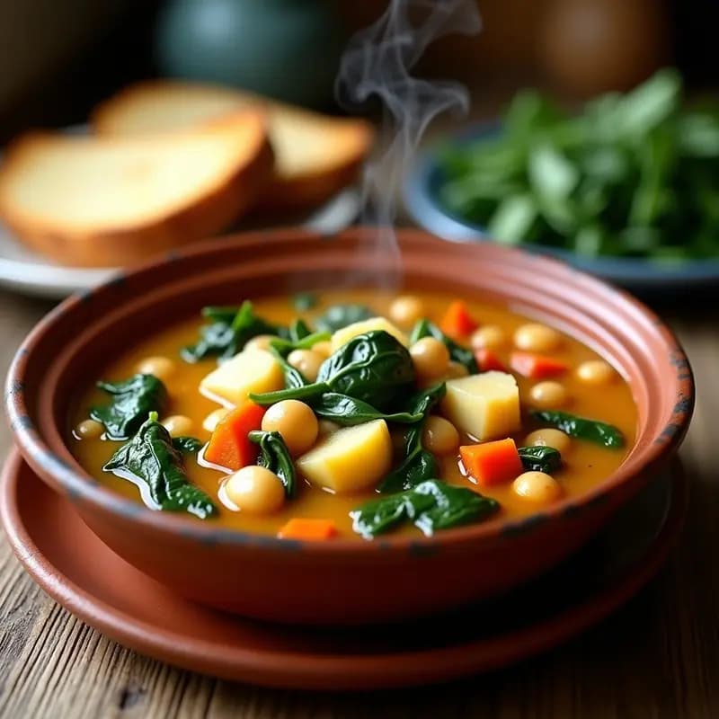 Olla de barro humeante con potaje de vigilia: trozos de bacalao desmenuzado, garbanzos cremosos, patatas, espinacas frescas y verduras en un caldo dorado. Plato tradicional de Cuaresma español, servido con un chorrito de aceite de oliva virgen extra.