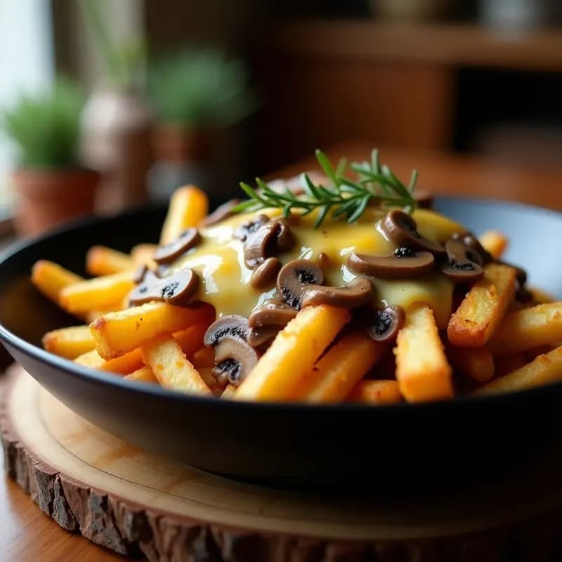 Poutine Canadaense con Queso Cheddar y Salsa de Hongos: Receta Reconfortante en Airfryer