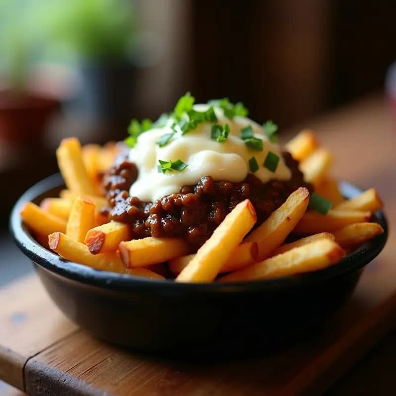 Poutine Obra Maestra: Patatas Fritas con Queso Mozzarella Derretido y Salsa de Carne Grasa