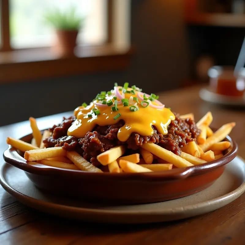 Fuente de barro humeante con poutine de pulled pork y queso cheddar: capas de patatas fritas doradas, trozos de cerdo desmenuzado y bloques de queso cheddar afumado fundido, bañados en un gravy oscuro de cerveza negra. Servido sobre una tabla de madera rústica con un tenedor de metal.
