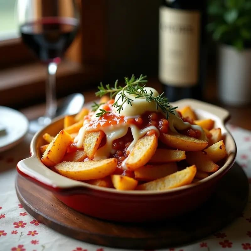 Plato hondo de cerámica negra con Jacques Poutine: patatas doradas y crujientes cubiertas con queso Brie fundido y salsa de vino tinto brillante, decorado con hojas de tomillo fresco y pimienta negra. Receta gourmet francesa.