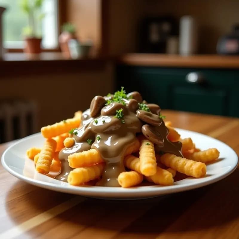 Plato hondo de cerámica negra con poutine canadiense: patatas doradas y crujientes cubiertas de queso en grano parcialmente derretido y gravy de hongos espeso y brillante, con destellos de cebolla morada. Receta confort food en 25 minutos.