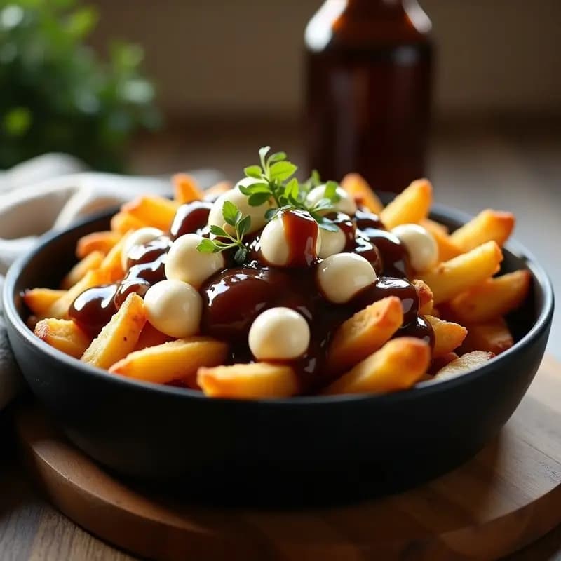 Plato hondo de cerámica negra con poutine canadiense: patatas fritas doradas y crujientes cubiertas con trozos de queso mozzarella fresca derritiéndose ligeramente y bañadas en una salsa gravi espesa y brillante. Fondo rústico con servilleta de lino.