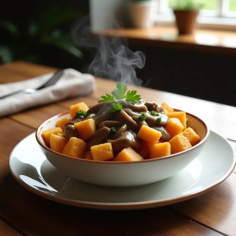 Poutine Canadá con Queso Vegano y Salsa de Champiñones: Receta Reconfortante en Airfryer