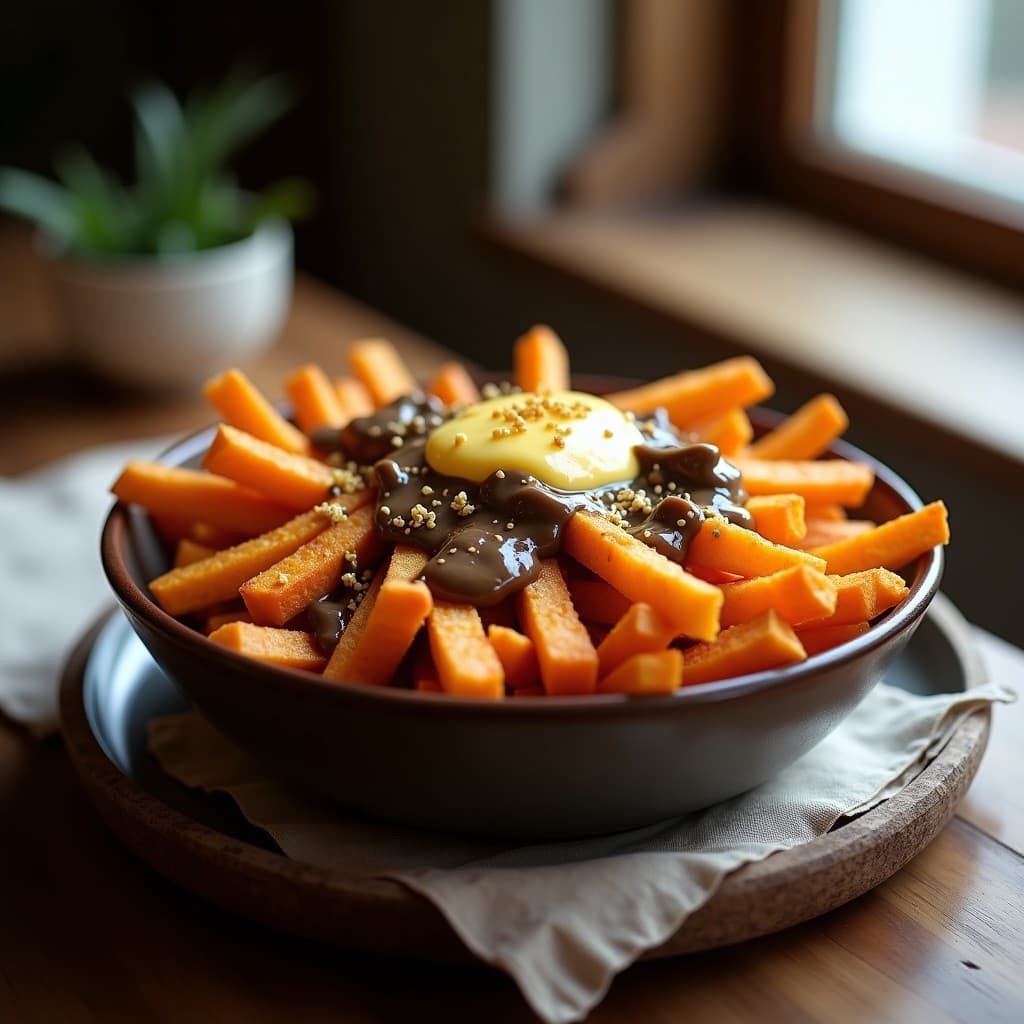 Plato hondo de barro con poutine vegana de batata: bastones dorados y crujientes cubiertos de queso de anacardos cremoso y gravy de champiñones oscuro, espolvoreado con levadura nutricional. Fondo rústico con servilleta de lino.