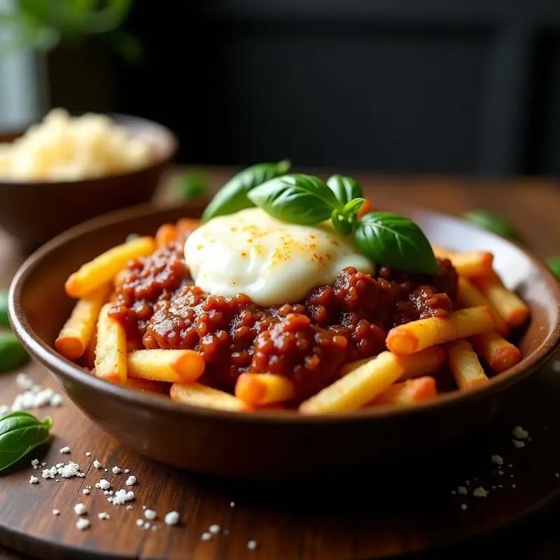 Fuente de barro con Poutine Véneta: papas doradas y crujientes cubiertas de salsa boloñesa espesa, queso Mozzarella derretido en hilos y hojas de albahaca fresca, receta fusion canadiense-italiana.