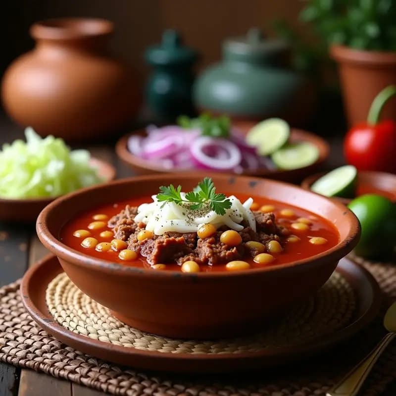 Bowl hondo de barro repleto de pozole rojo mexicano con carne de res desmenuzada, granos de hominy blancos, caldo rojo intenso espolvoreado con orégano. Acompañado de lechuga picada, rábanos en rodajas, cebolla morada y gajos de limón sobre una mesa rústica de madera.
