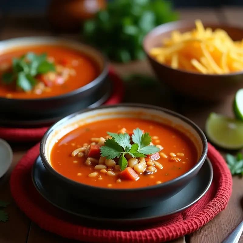 Plato hondo de barro lleno de Pozole Rojo de Frijol y Chile Guajillo, con caldo espeso de color rojo intenso, frijoles bayos y granos de hominy. Acompañado de lechuga morada picada, rábanos en rodajas, cebolla morada y gajos de limón sobre una mesa rústica de madera.