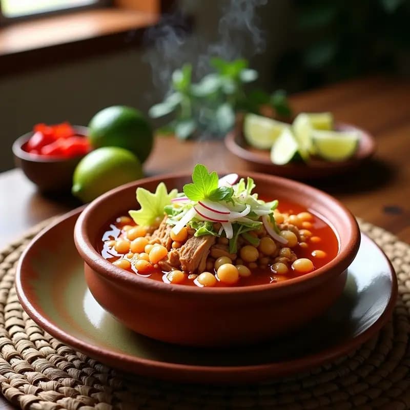 Olla de barro humeante con Pozole Rojo Mexicano con Hominy y Pollo, caldo rojo intenso con trozos de pollo desmenuzado y granos de hominy. Acompañado de lechuga picada, rábanos en rodajas, cebolla morada, limón y crema en platos de barro rústicos.