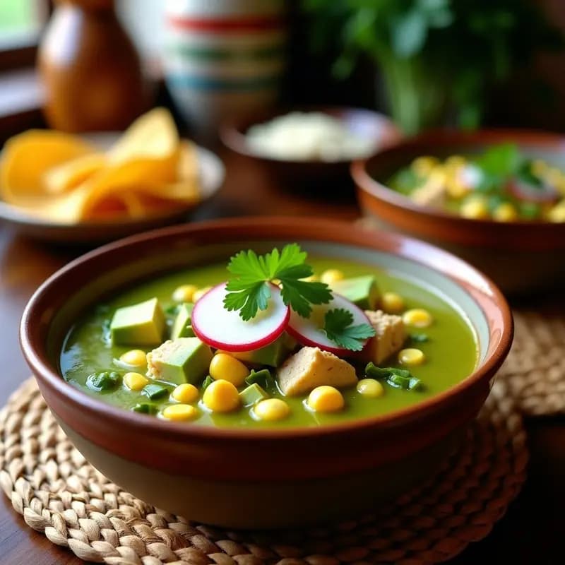 Bowl hondo de barro con Pozole Verde Mexicano con Pollo y Elote, decorado con aguacate, rábanos y cilantro fresco. El caldo es de color verde vibrante con trozos de pollo, granos de maíz y hominy. Tostadas de maíz al lado en una mesa rústica de madera.