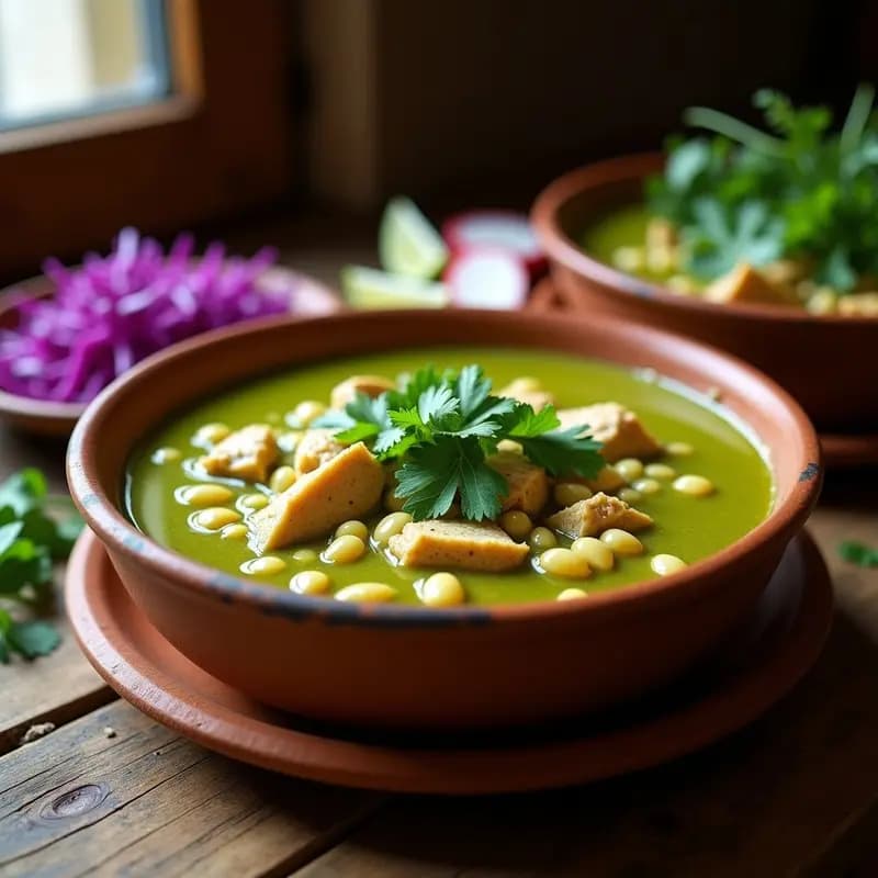 Plato hondo de barro con pozole verde de pollo, hominy y chile poblano, decorado con lechuga picada, rábanos en rodajas y gajos de limón. Fondos de caldo verde espeso con trozos de pollo desmenuzado y granos de hominy amarillos. Receta tradicional mexicana en olla express.