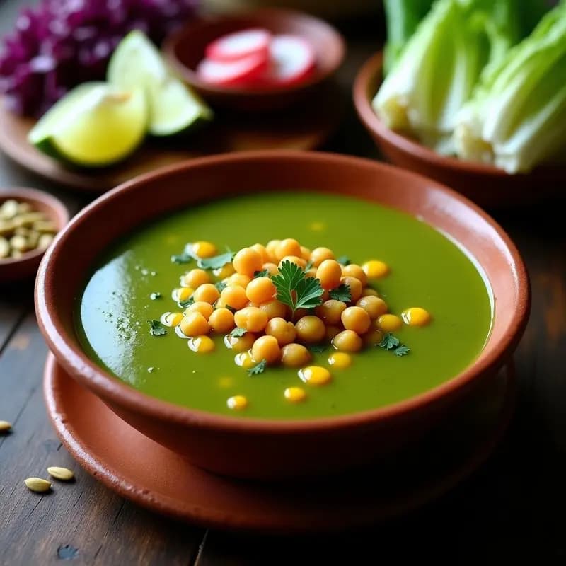 Bowl hondo de barro con pozole verde vegano, garbanzos tiernos y granos de maíz amarillos en un caldo vibrante. Acompañado de lechuga morada, rábanos en rodajas, semillas de calabaza tostadas y gajos de limón verde sobre una mesa de madera rústica.