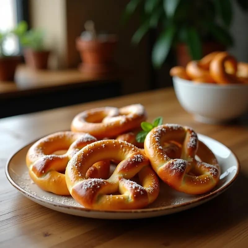 Pretzels dorados y brillantes con forma de lazo, cubiertos de azúcar y canela, bañados en un glaseado cremoso de queso blanco. Textura crujiente por fuera y tierna por dentro, servidos en una bandeja de madera rústica.