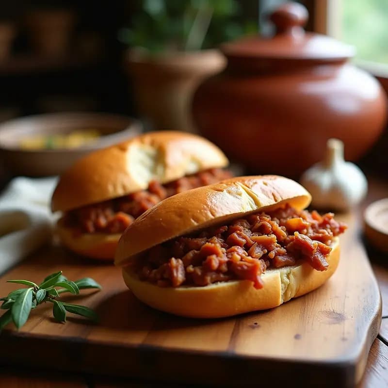 Bocadillo abierto con pringá de Carnaval, relleno jugoso de carnes desmenuzadas, chorizo y morcilla, servido en pan crujiente sobre una tabla de madera rústica.