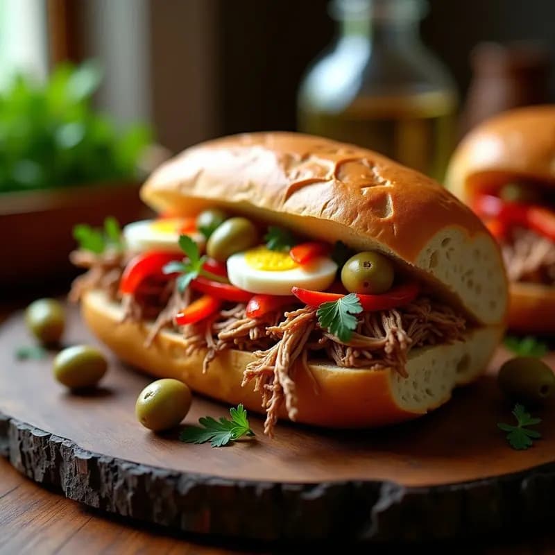 Bocadillo abierto de pan rústico relleno de pringá de cochinillo asado desmenuzada, con pimientos rojos asados, aceitunas verdes, huevo duro en rodajas y perejil fresco, sobre una tabla de madera oscura con fondo desenfocado.