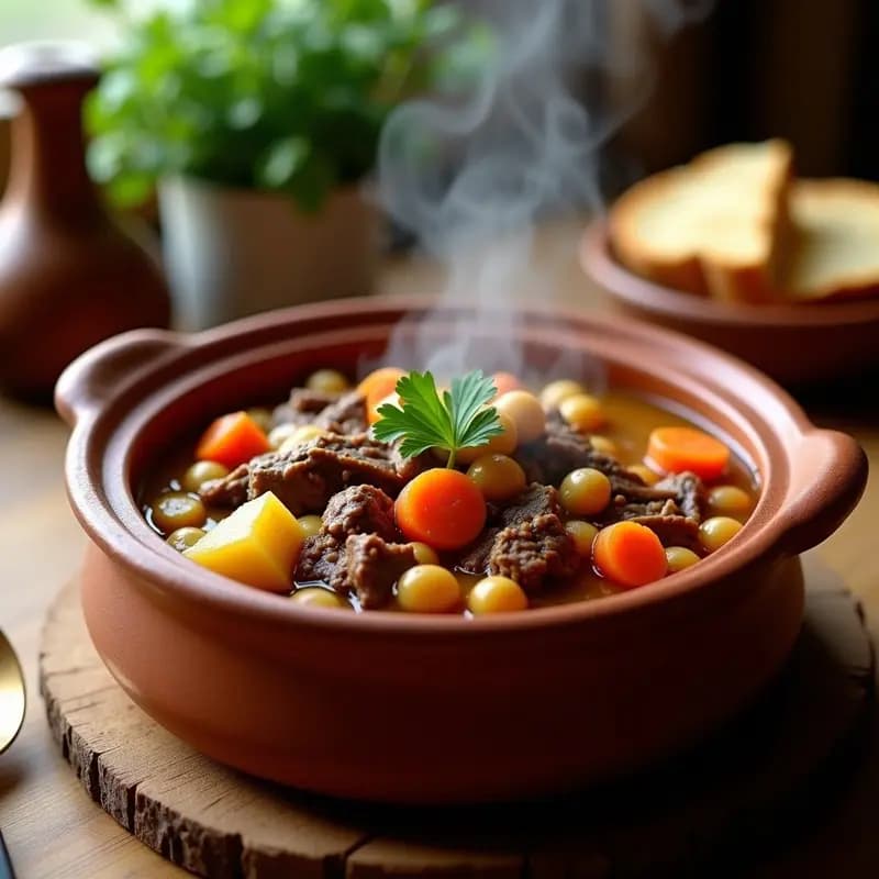 Olla de barro con pringá de morcillo andaluza, trozos de carne desmenuzada, patatas, zanahorias y garbanzos, humeante y reconfortante.