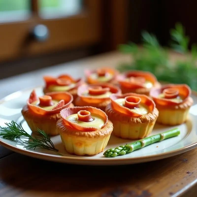 Profirolls de hojaldre dorados en molde individual, rellenos de crema de espárragos blancos y decorados con láminas de jamón de Parma en espiral, sobre fondo rústico de madera.
