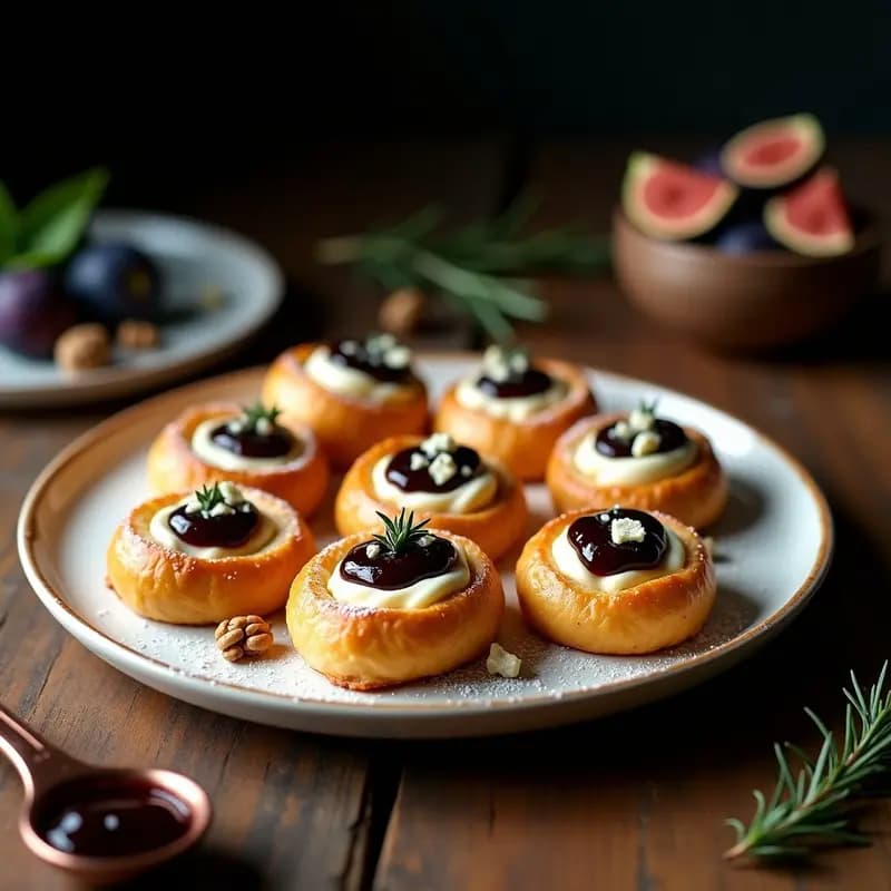 Profirolls dorados y crujientes rellenos de queso crema y mermelada de higo, decorados con almendras fileteadas, servidos en un plato blanco sobre fondo rústico.