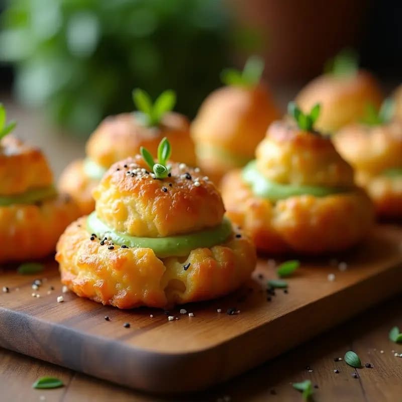 Profiteroles dorados y crujientes de queso Gouda rellenos de puré de espárragos verdes, servidos en una bandeja de madera oscura con un hilo de aceite de oliva y virutas de queso, aperitivo francés en airfryer.