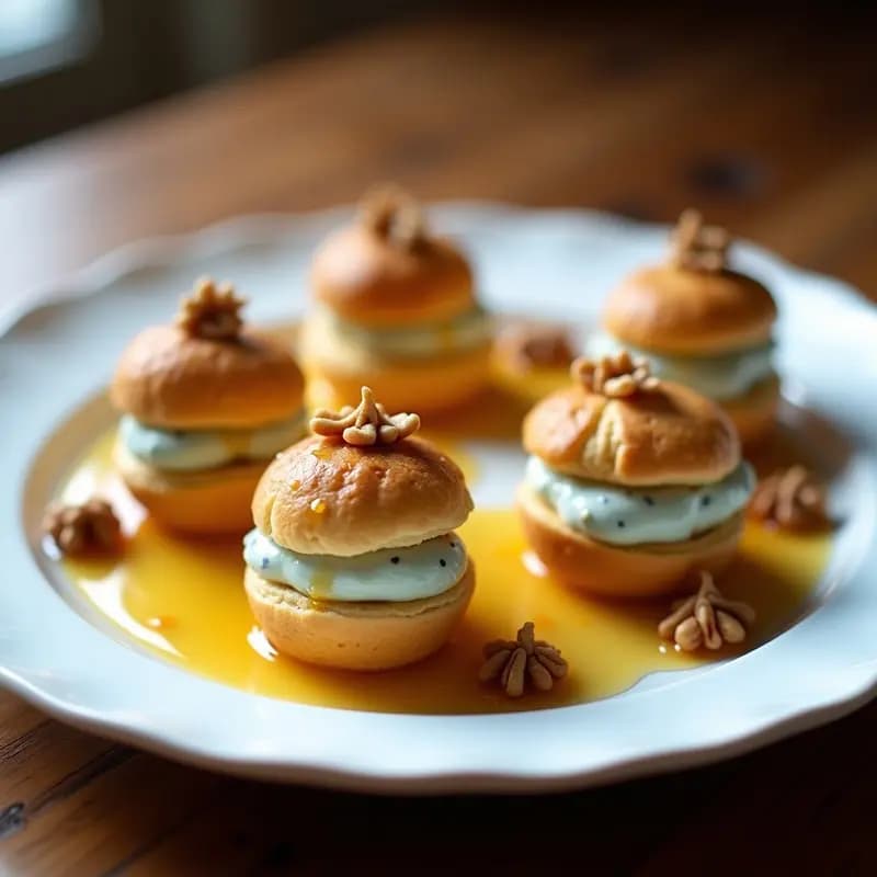 Bandeja de madera con profiteroles dorados rellenos de crema de queso azul, bañados en miel de lavanda y decorados con nueces tostadas picadas, entrante francés dulce-salado.