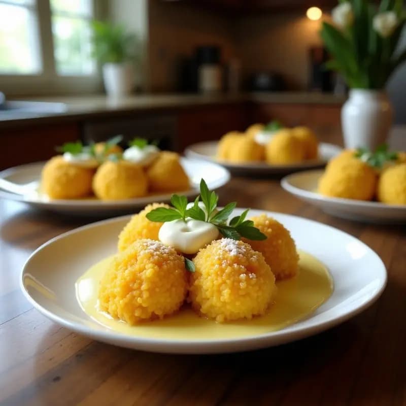 Profiteroles dorados y esponjosos de quinoa rellenos de crema de limón amarilla y brillante, servidos en bandeja de porcelana blanca con decoración de ralladura de limón y hojas de menta, postre francés sin gluten y sin azúcar.