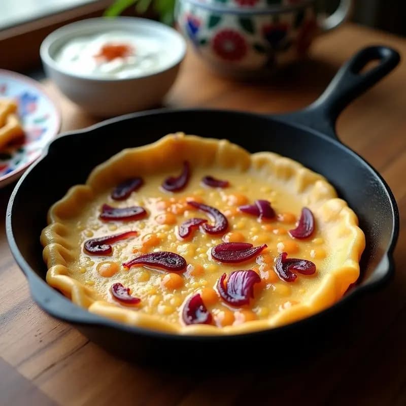 Proja serba dorada y crujiente en sartén de hierro, con trozos de cebolla morada caramelizada visibles en su superficie. Acompañada de un bol pequeño con yogur y pimentón espolvoreado, sobre fondo rústico de madera.