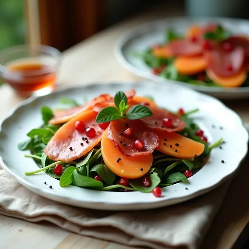 Plato blanco elegante con base de rúcula fresca, láminas de melón galia y prosciutto di Parma, decorado con semillas de granado y vinagreta brillante. Entrante italiano fresco y keto.