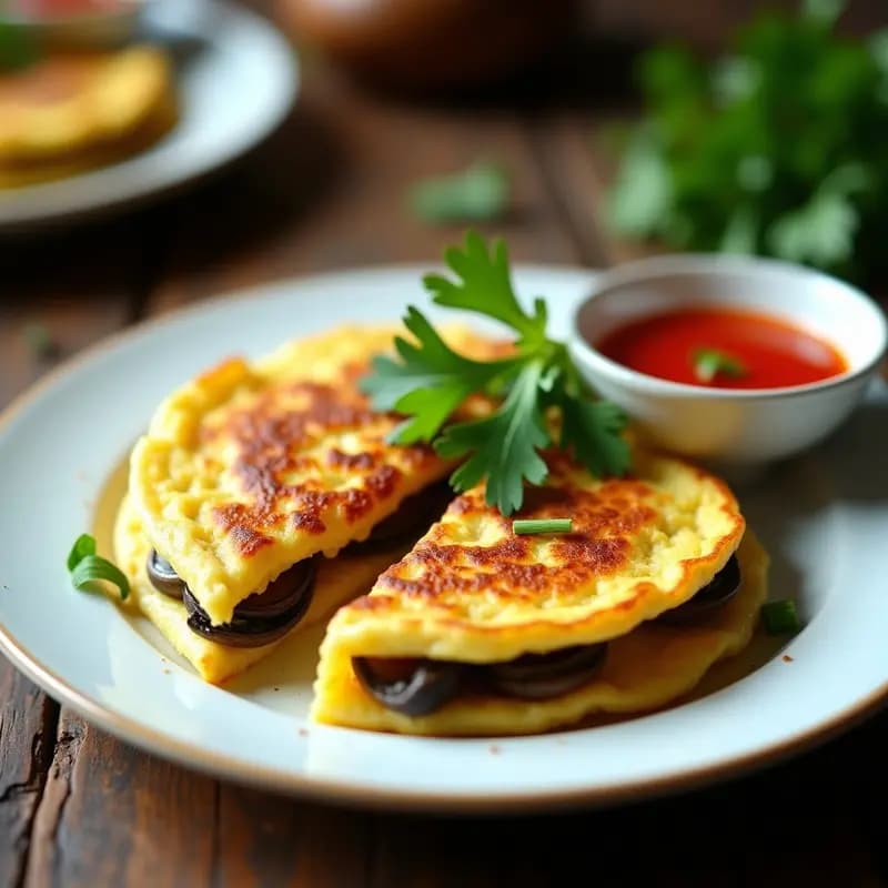 Tortilla tailandesa Pprudh Hoi Thot dorada en forma de semiluna, rellena de ostras jugosas, servida en plato blanco con salsa sriracha y hierbas frescas como cilantro y cebollino.