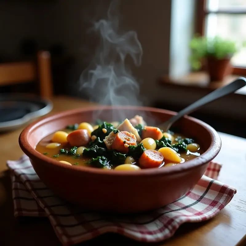 Pucheiro gallego tradicional en cuenco de barro con trozos de lacón, chorizo, grelos, patatas y alubias blancas, servido humeante sobre mesa de madera rústica.