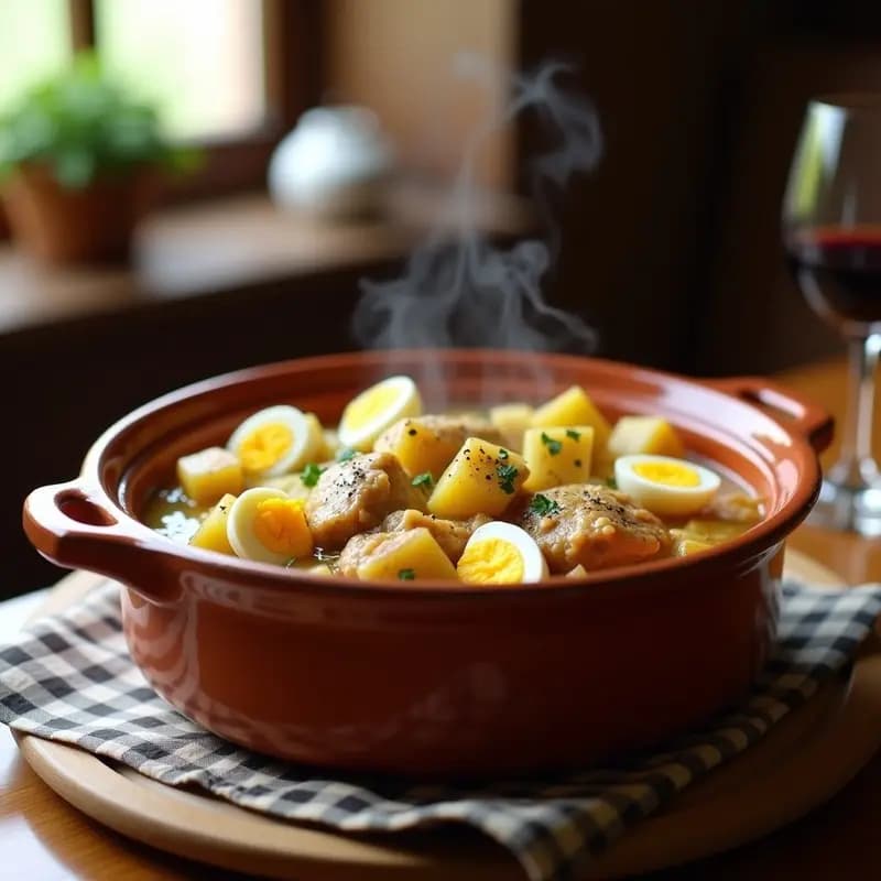 Olla de barro humeante con pucheiro de pollo con patatas y repollo, cocido gallego ligero, servido en plato hondo de cerámica con huevo duro y caldo dorado.