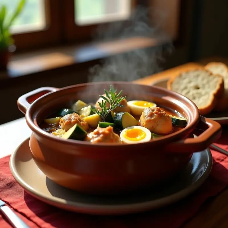 Olla de barro humeante con puchello de pollo y verduras, muslos de pollo dorados, patatas, habas y zanahorias en un caldo espeso, servido con huevo duro partido por la mitad. Receta tradicional andaluza en una sola olla.