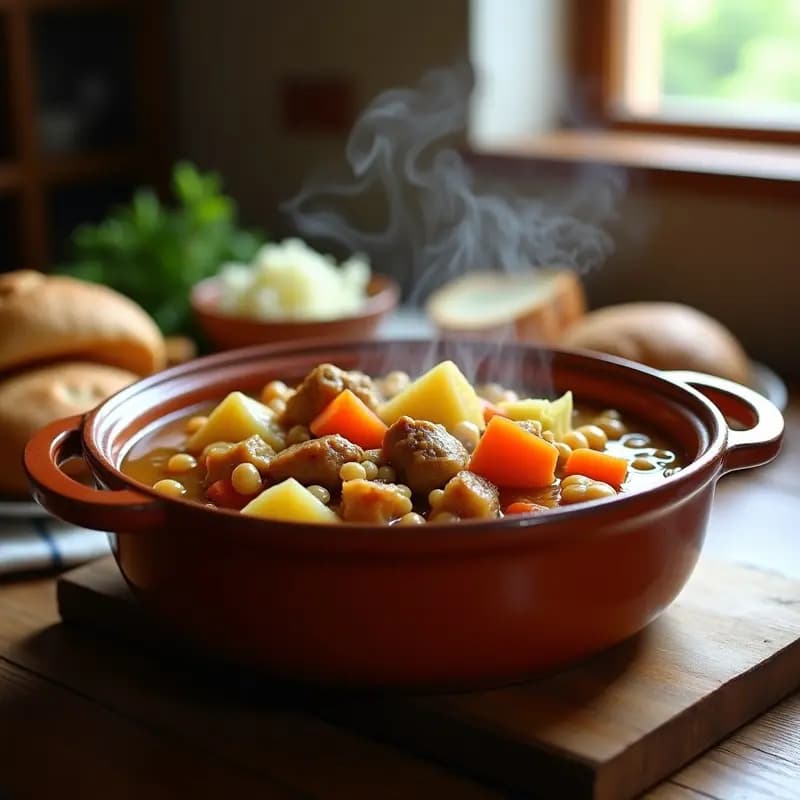 Olla de barro humeante con puchero andaluz de carne y verduras, mostrando trozos de cerdo, pollo, garbanzos, patatas, zanahorias y repollo en un caldo espeso y dorado, servido en un plato hondo de cerámica rústica sobre una mesa de madera con pan al lado.