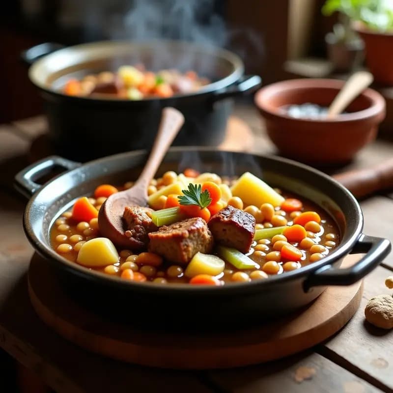 Olla de barro humeante con Puchero Andaluz con Garbanzos y Costilla, servido en cuenco hondo con trozos de costilla, garbanzos, patata, zanahoria y repollo, sobre fondo rústico de madera.