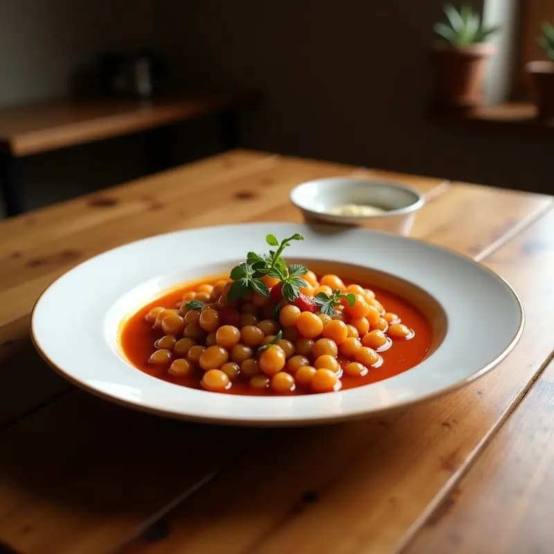 Olla honda de barro con Puchero Andaluz de Garbanzos y Morcilla, caldo espeso con trozos de patata, zanahoria y rodajas de morcilla. Plato tradicional español servido en cuenco rústico con pan al lado.