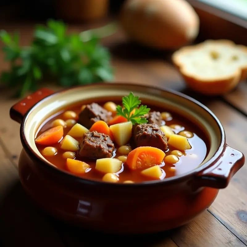 Puchero andaluz humeante en cuenco de barro, con trozos tiernos de morcillo, garbanzos, patatas y fideos gruesos, servido sobre mesa rústica de madera.
