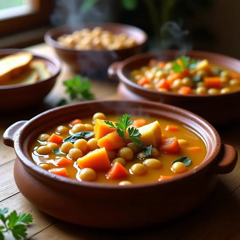 Olla grande de barro con puchero andaluz humeante, repleto de garbanzos dorados, zanahorias, patatas, puerros y calabaza en un caldo espeso y aromático. Servido en cuencos de cerámica rústica sobre una mesa de madera con pan y hierbas frescas.