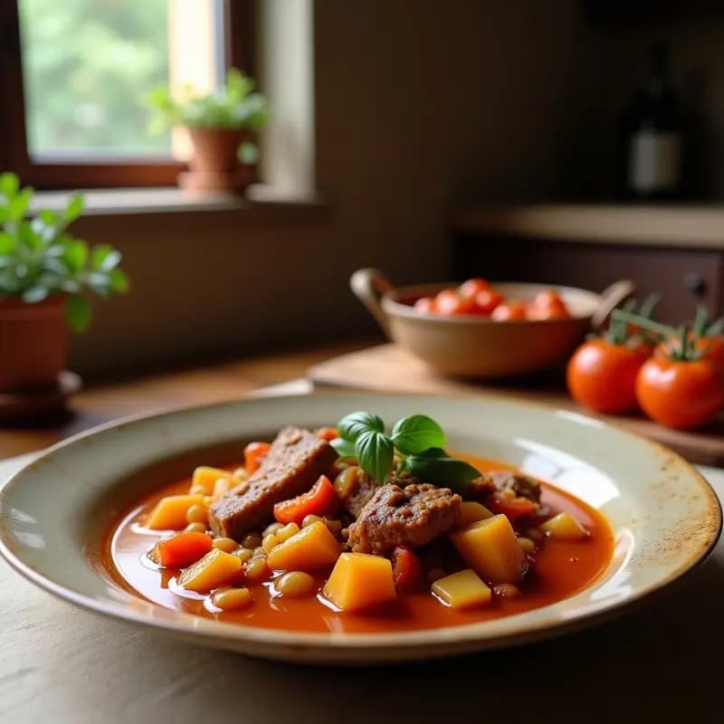 Plato hondo de barro con puchero andaluz en olla exprés, lleno de garbanzos, patatas, zanahorias, costilla de cerdo y huevo duro. Caldo espeso y dorado con verduras troceadas, servido en una mesa de madera rústica con pan tostado al lado.