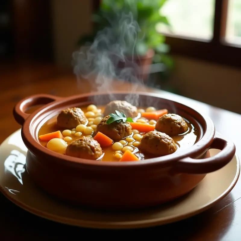 Olla grande de barro con puchero andaluz con pelotas: caldo dorado con garbanzos, patatas, zanahorias, costillas de cerdo, morcilla, chorizo y albóndigas caseras. Plato tradicional español servido en cuencos de cerámica.