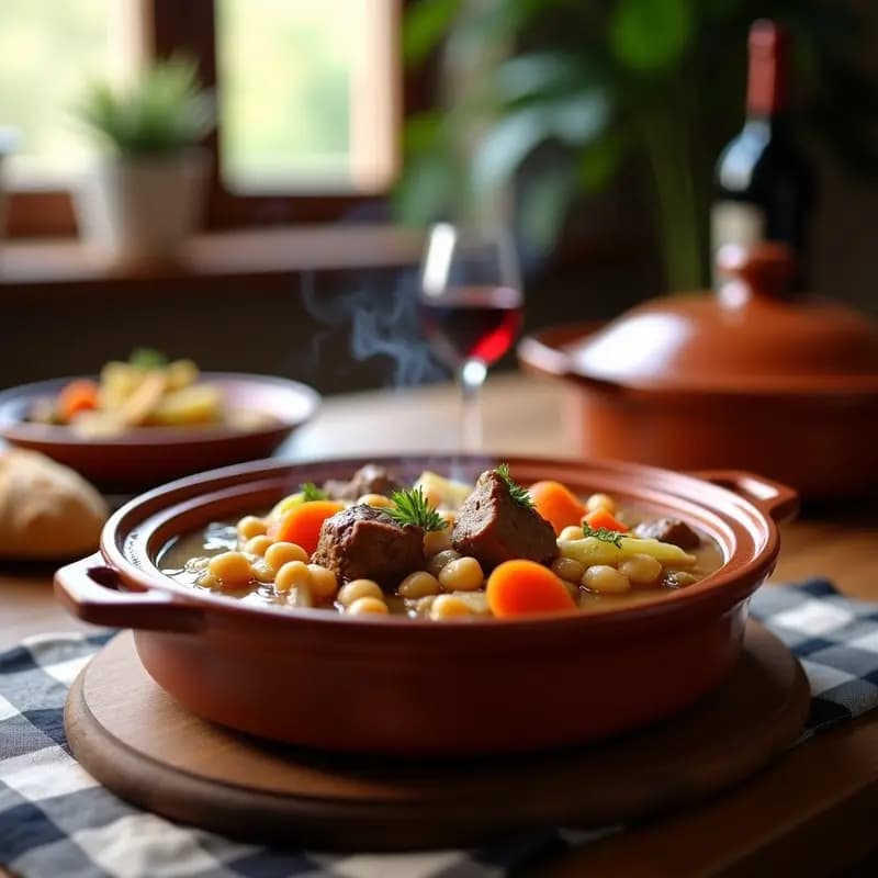 Olla de barro humeante con puchero andaluz: trozos de ternera dorada, garbanzos, zanahorias, patatas y repollo en un caldo espeso y aromático, servido en cuencos de cerámica rústica sobre una mesa de madera.