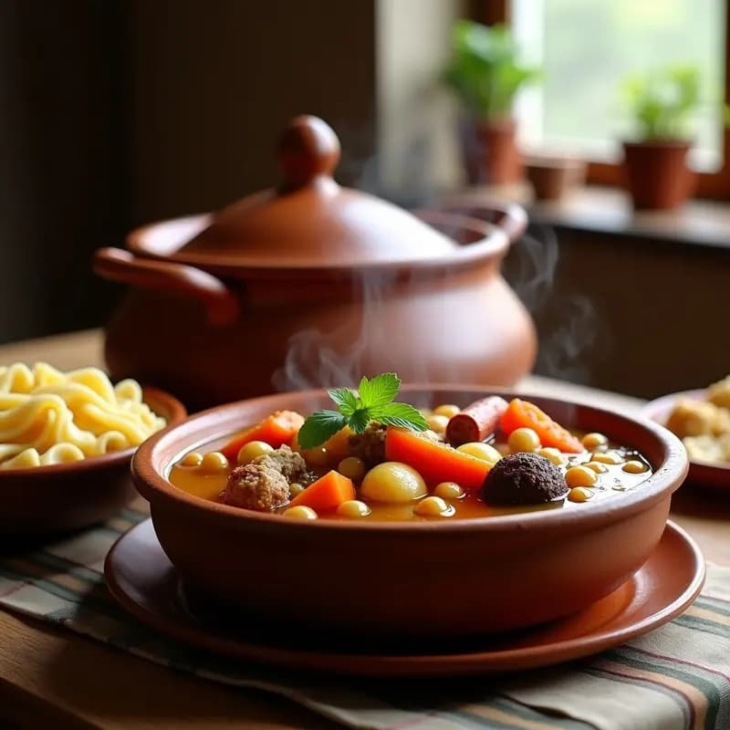 Olla grande de barro con Puchero Andaluz Tradicional humeante, llena de garbanzos, patatas, zanahorias, chorizo, morcilla y huevo duro. Plato hondo con fideos y caldo dorado servido al lado.
