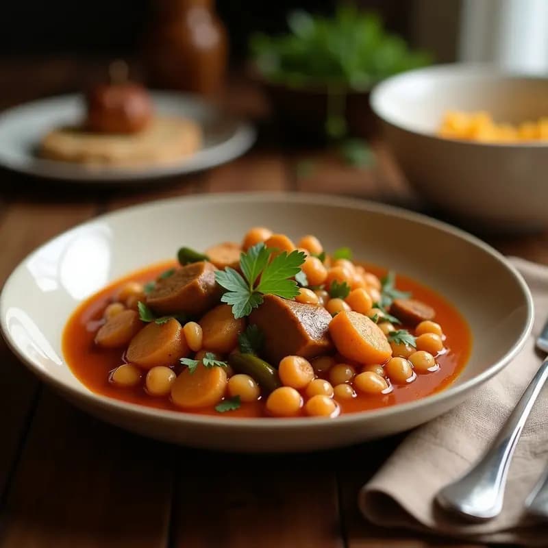 Olla humeante de Puchero Anduz con trozos de gallina dorada, garbanzos, zanahorias, patatas y repollo en un caldo espeso, servido en cuencos de barro con huevo duro al lado. Receta tradicional andaluza para 6 personas.